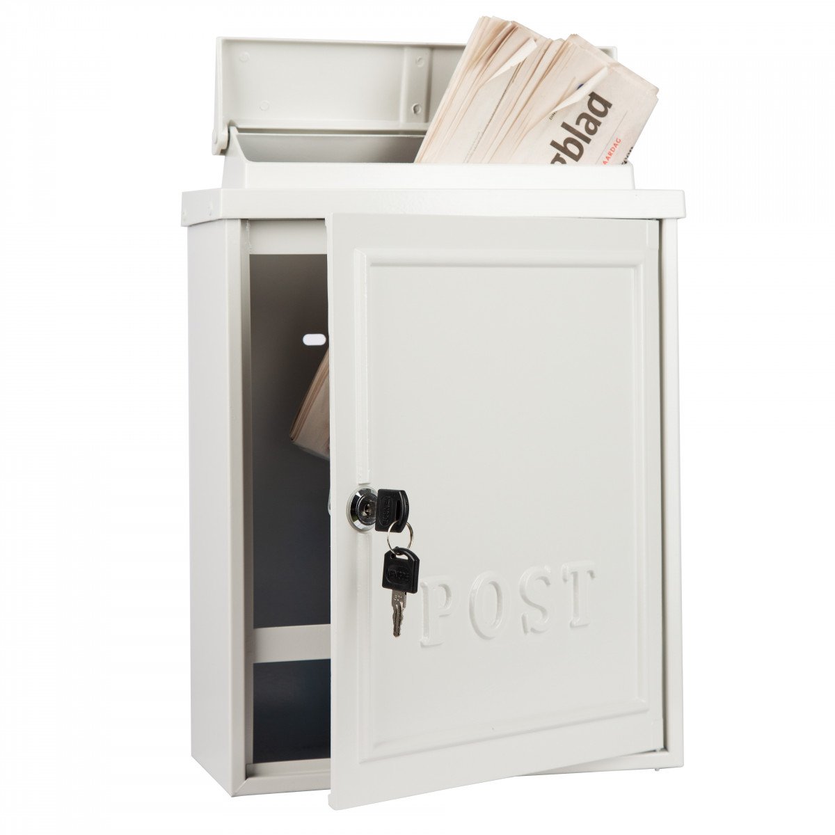 B6 Briefkasten aus Aluminium in der Farbe Weiß mit Tür und Schloss.