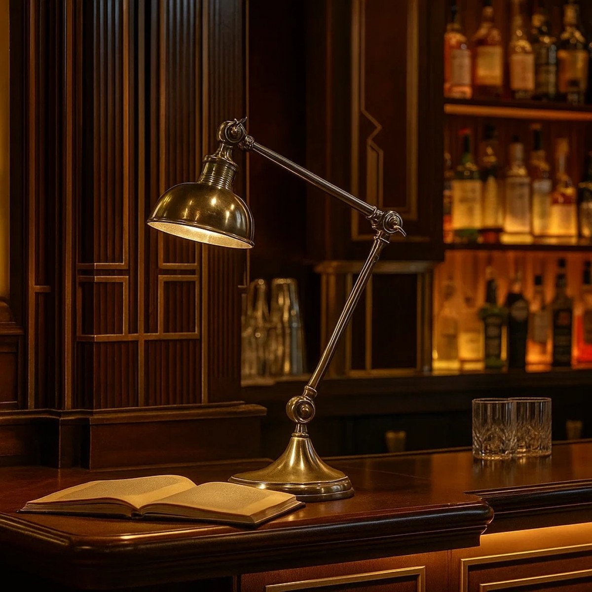 Messinglampe in Antiksilber mit E27-Fassung