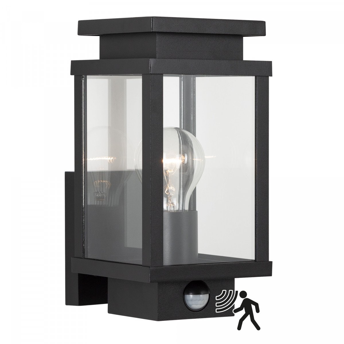 Schwarze Wandlampe mit quadratischer Form und Fenstern mit echtem Glas