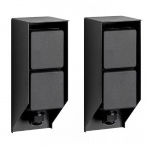 Set von 2 schwarzen Gartensteckdosen für den Außenbereich mit praktischem Erdspieß und zwei Stromanschlüssen.