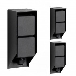 Set von 3 schwarzen Gartensteckdosen für den Außenbereich mit praktischem Erdspieß und zwei Stromanschlüssen.