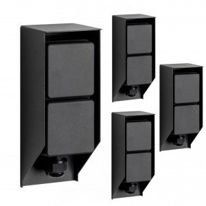 Set von 4 schwarzen Gartensteckdosen für den Außenbereich mit praktischem Erdspieß und zwei Stromanschlüssen.