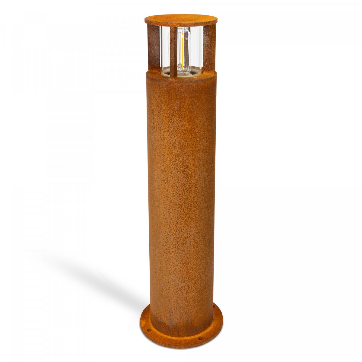 Eine braune robuste runde Gartenlampe Cortenstahl E27 Fassung