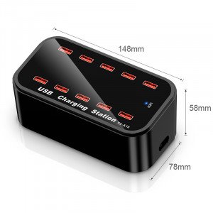 Schwarze USB-Ladestation mit 10 USB-Anschlüssen  Schwarze USB-Ladestation mit 10 USB-Anschlüssen