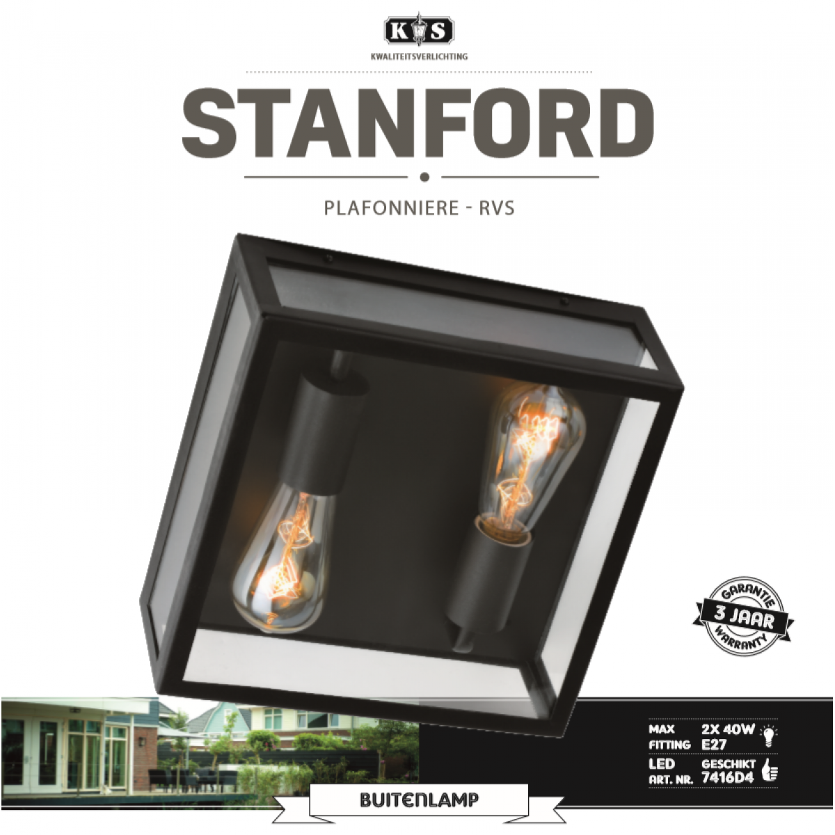 Stanford Deckenleuchte Schwarz Moderne Außenleuchte Mit 2x E27 Fassung, quadratischen Rahmen aus hochwertigem Edelstahl