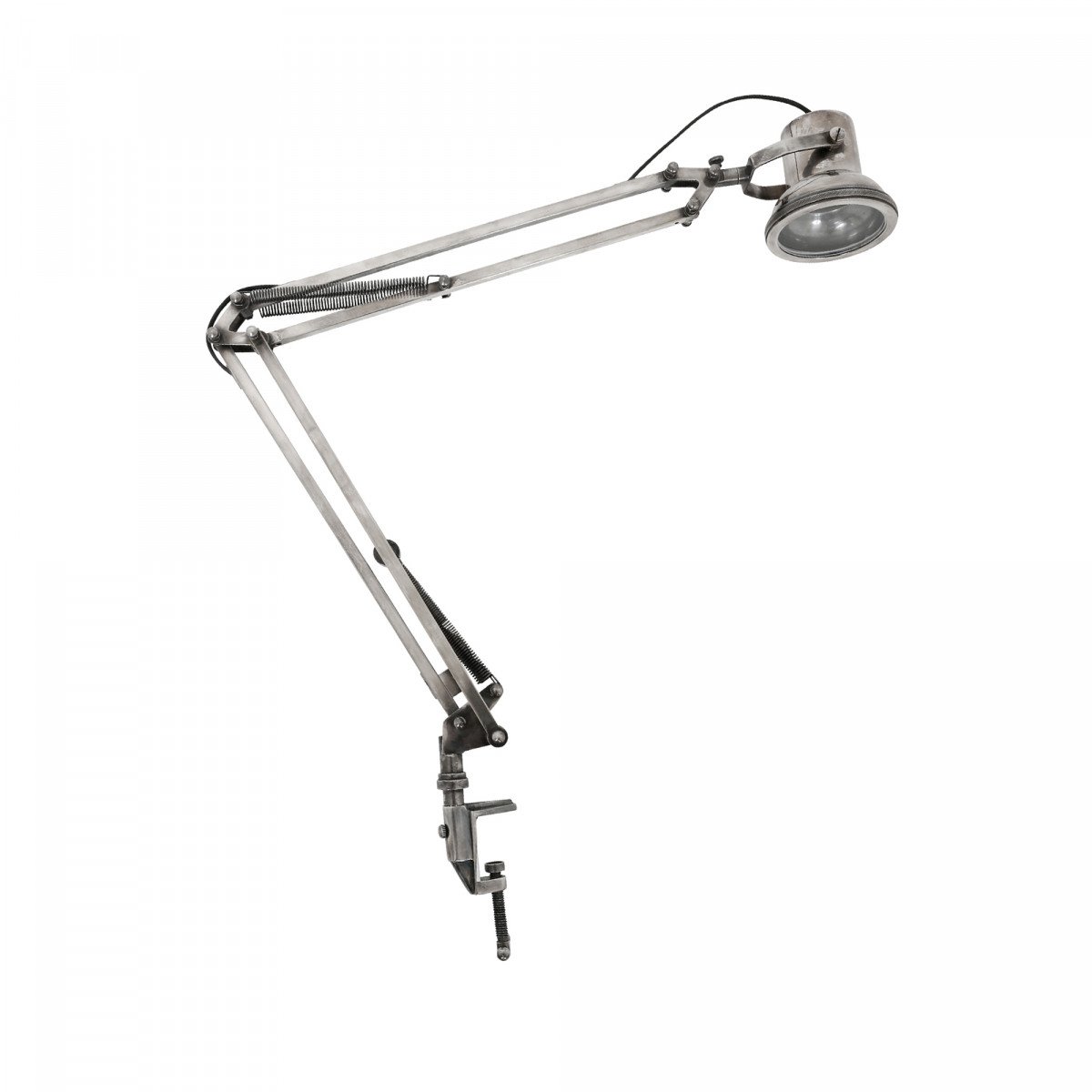  Industrielle Messing-Tischlampe mit Befestigungsschraube und gebogenem Arm in silberner Farbe